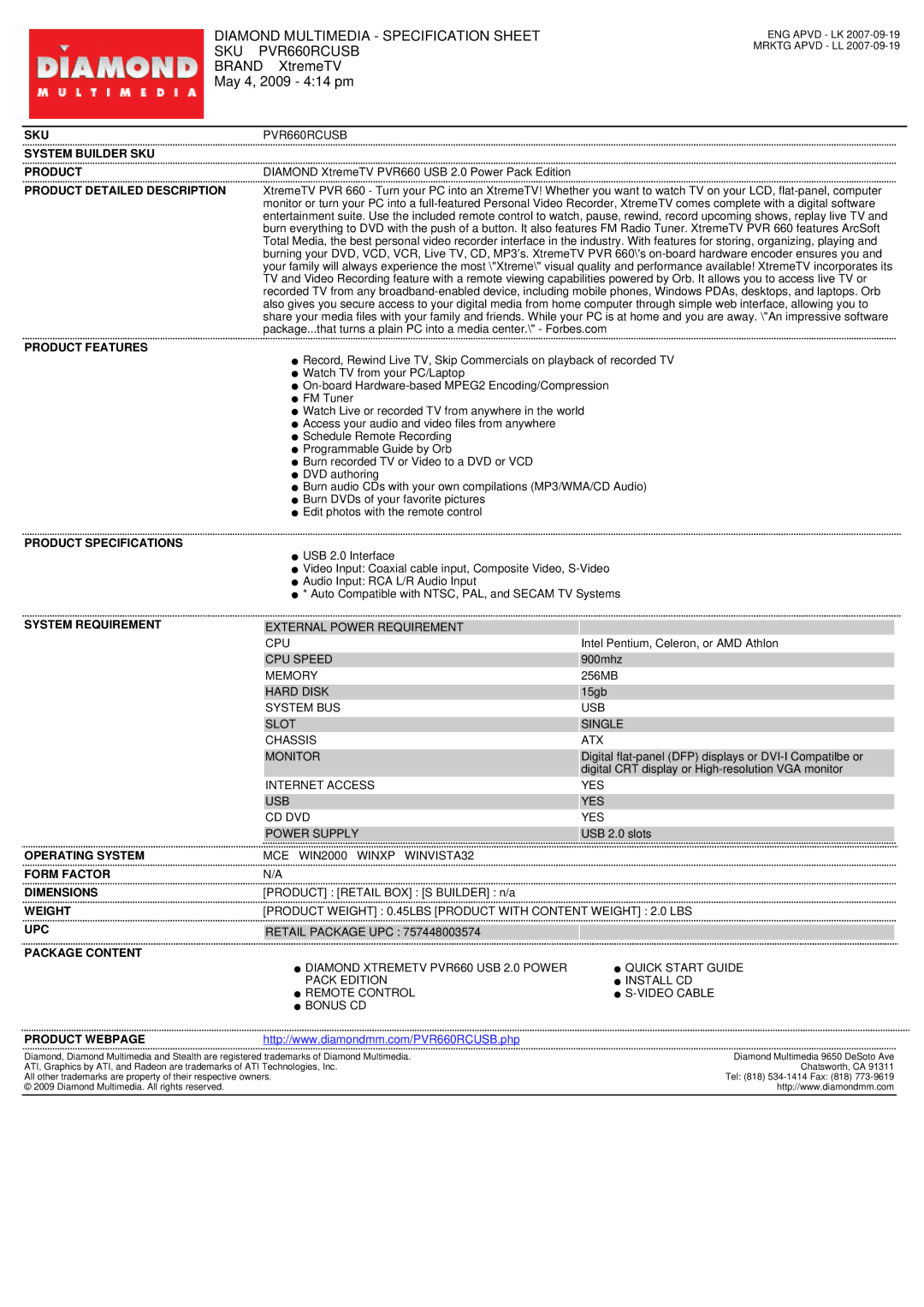 Diamond Multimedia specifications Diamond Multimedia Specification Sheet SKU PVR660RCUSB 