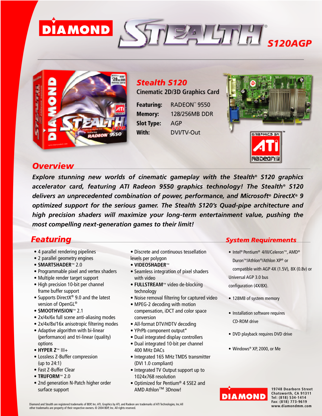 Diamond Multimedia manual S120AGP, Overview, Stealth S120, Cinematic 2D/3D Graphics Card, Featuring RADEONTM 
