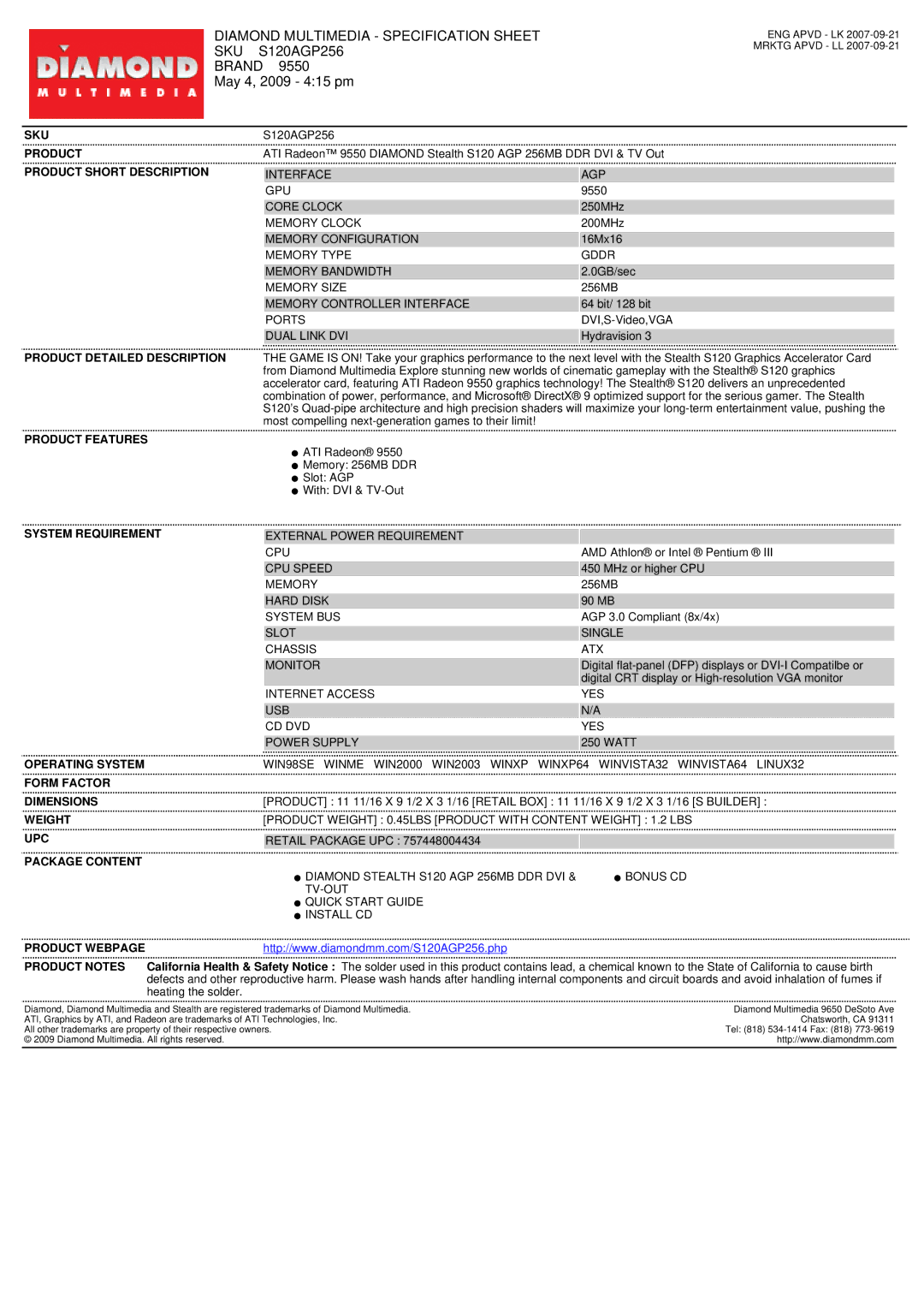 Diamond Multimedia 9550 specifications Diamond Multimedia Specification Sheet, Sku, S120AGP256, Brand May 4, 2009 415 pm 