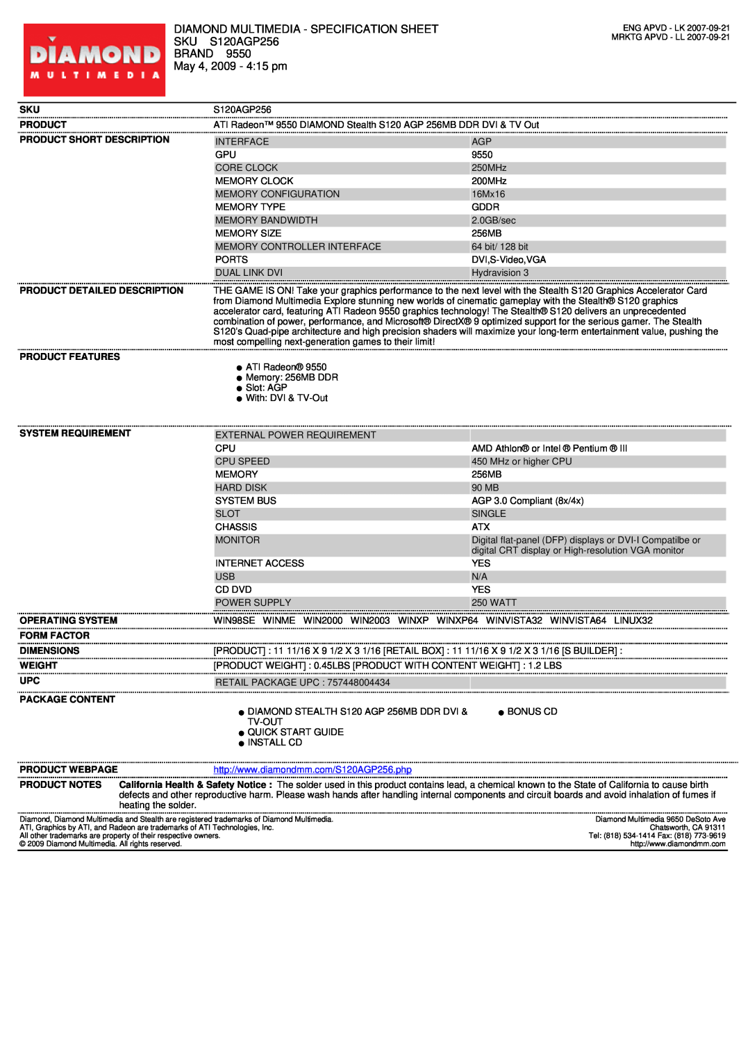 Diamond Multimedia 9550 specifications Diamond Multimedia - Specification Sheet, S120AGP256, Brand, May 4, 2009 - 415 pm 