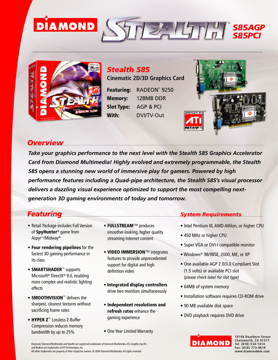 Diamond Multimedia warranty S85AGP S85PCI, Stealth S85, Overview, Featuring, Cinematic 2D/3D Graphics Card 