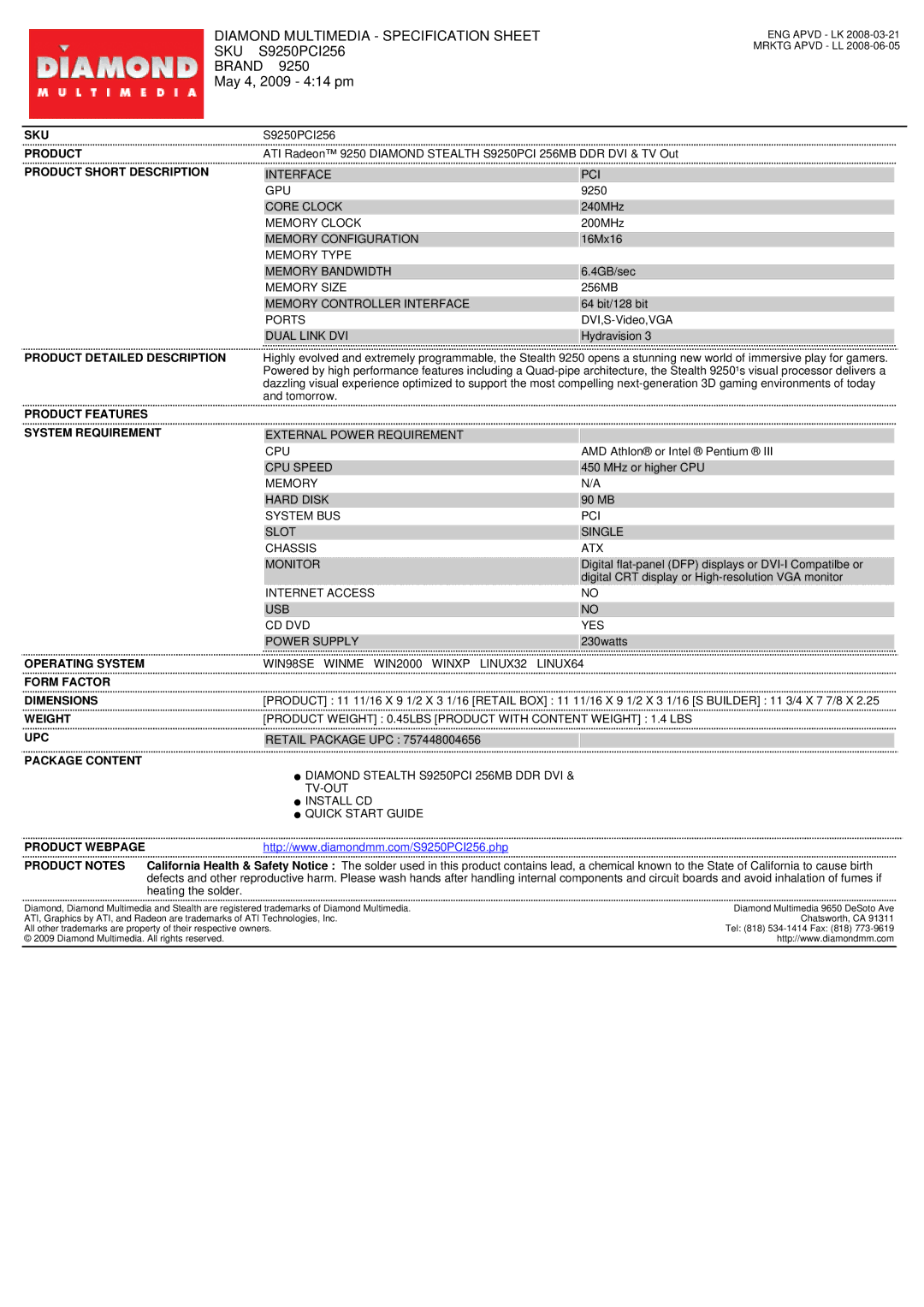 Diamond Multimedia specifications Diamond Multimedia Specification Sheet, Sku, S9250PCI256, Brand May 4, 2009 414 pm 