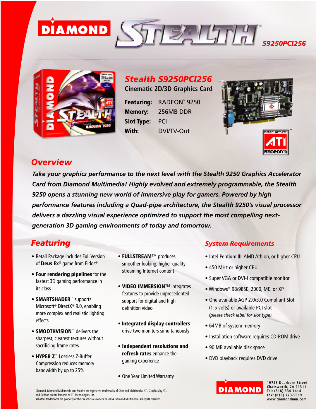 Diamond Multimedia warranty Stealth S9250PCI256, Overview, Featuring, System Requirements 