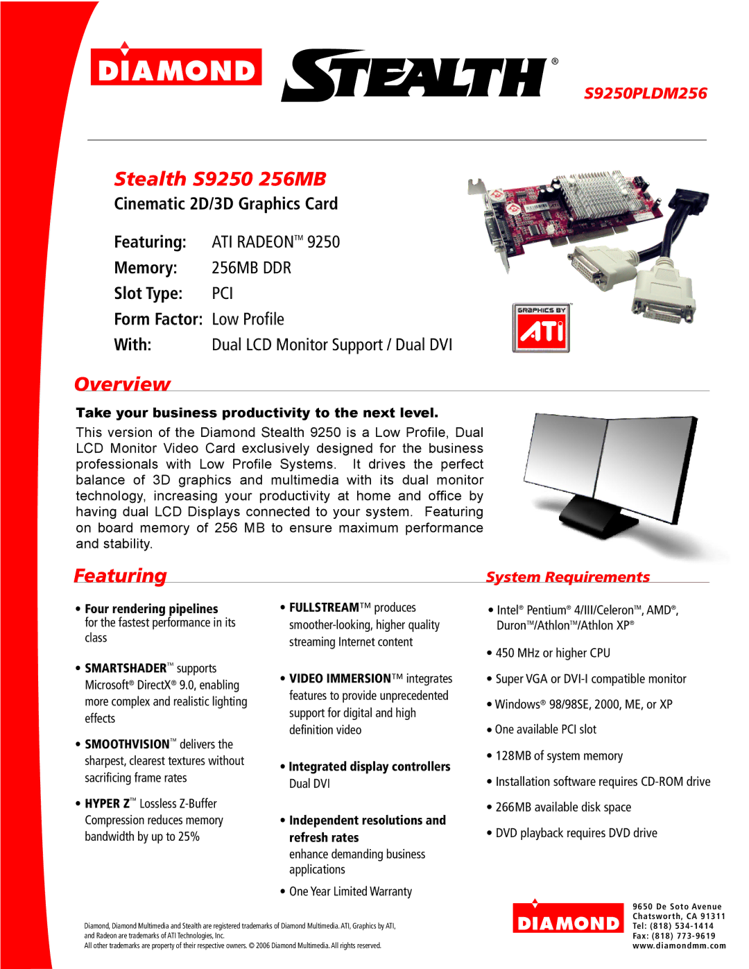 Diamond Multimedia S9250PLDM256 warranty Stealth S9250 256MB, Overview, Featuring, System Requirements 