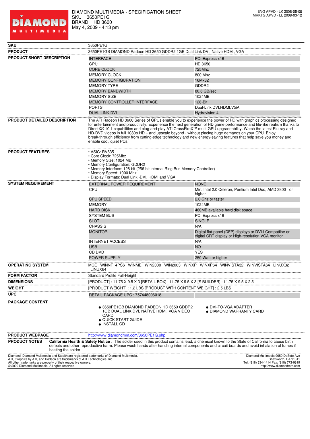 Diamond Multimedia SKU 3650PE1G specifications Diamond Multimedia Specification Sheet, Sku, Brand HD, May 4, 2009 413 pm 