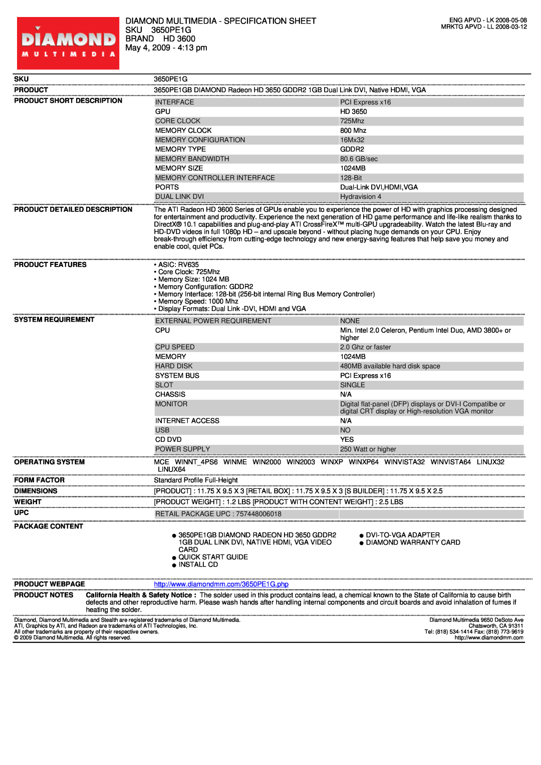 Diamond Multimedia SKU 3650PE1G specifications Diamond Multimedia - Specification Sheet, Brand Hd, May 4, 2009 - 413 pm 