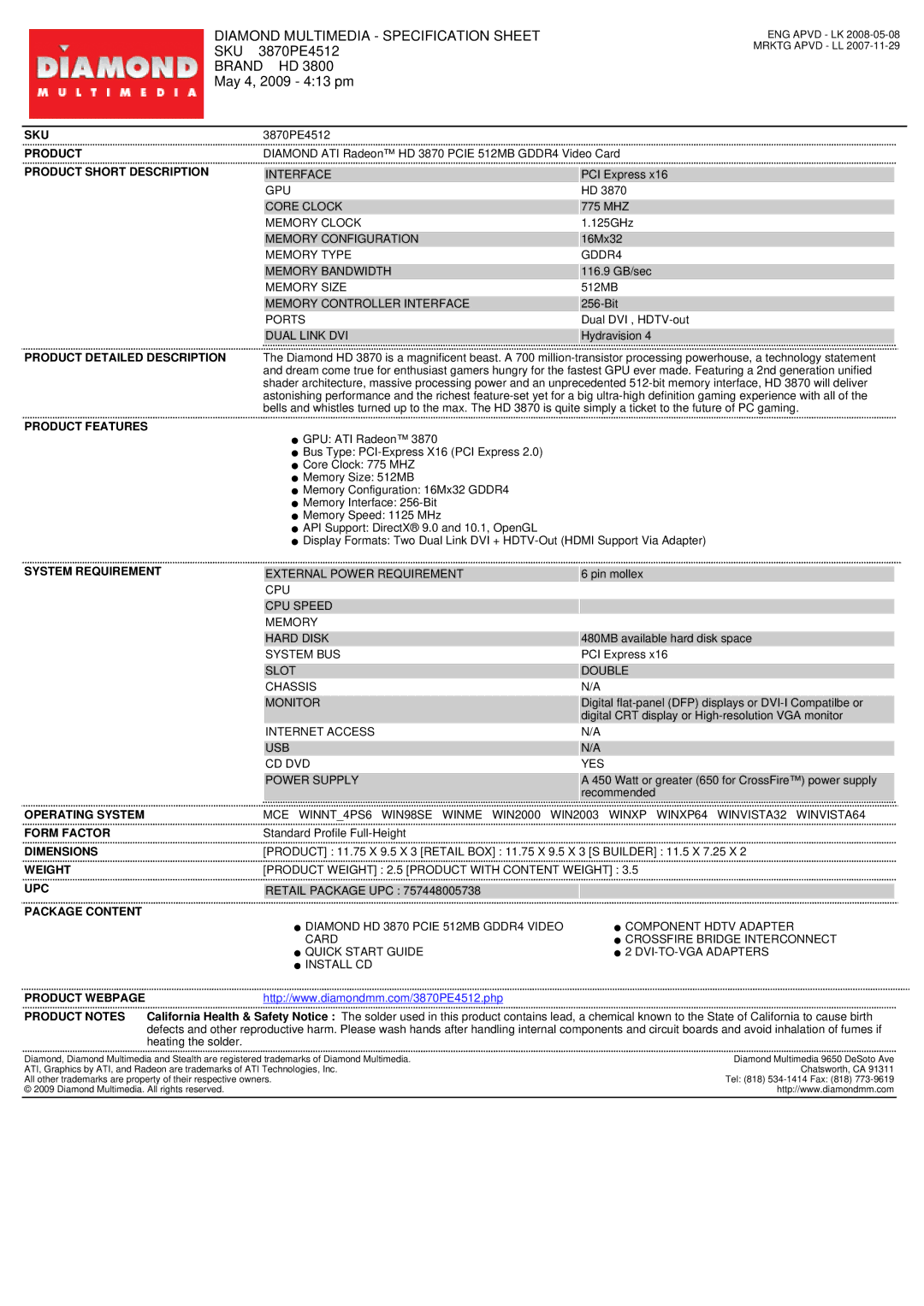 Diamond Multimedia HD 3870 PCIE specifications Diamond Multimedia Specification Sheet, Sku, 3870PE4512, Brand HD 