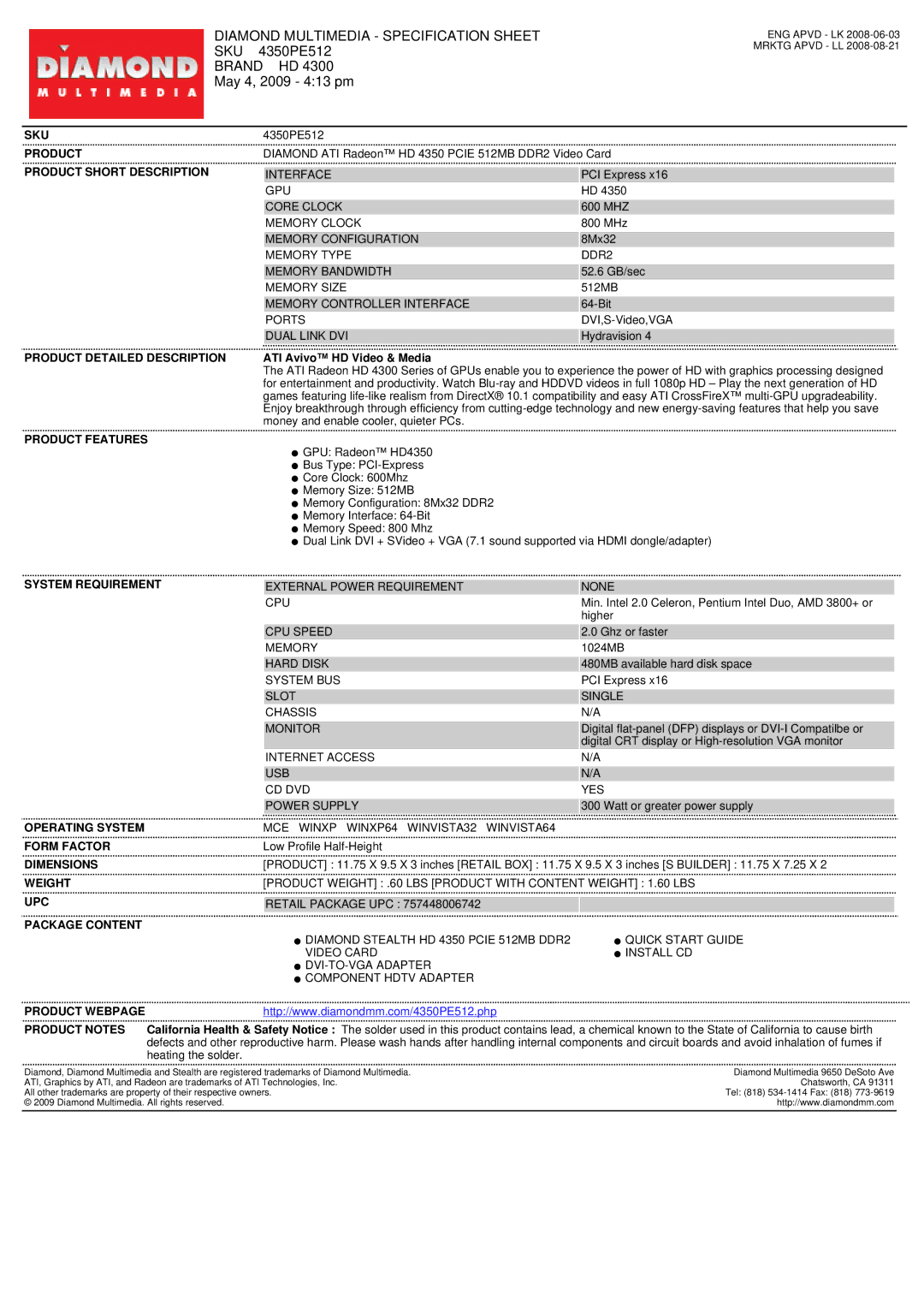 Diamond Multimedia SKU 4350PE512 specifications Sku, Product Short Description, Product Detailed Description 