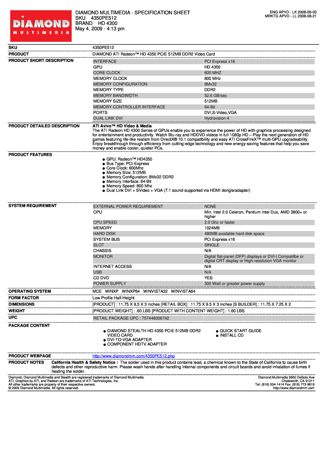 Diamond Multimedia SKU 4350PE512 specifications Diamond Multimedia - Specification Sheet, Brand Hd, May 4, 2009 - 413 pm 