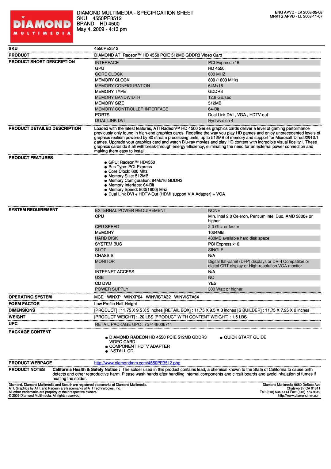 Diamond Multimedia SKU 4550PE3512 specifications Diamond Multimedia - Specification Sheet, Brand Hd, May 4, 2009 - 413 pm 