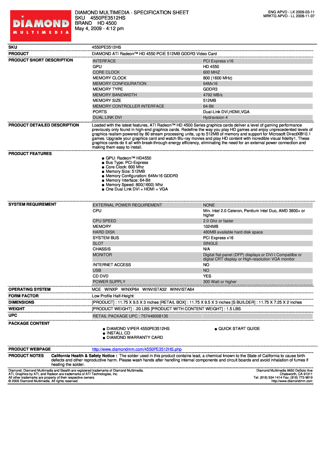 Diamond Multimedia HD 4550 PCIE specifications Diamond Multimedia - Specification Sheet, 4550PE3512HS, Brand Hd, Product 