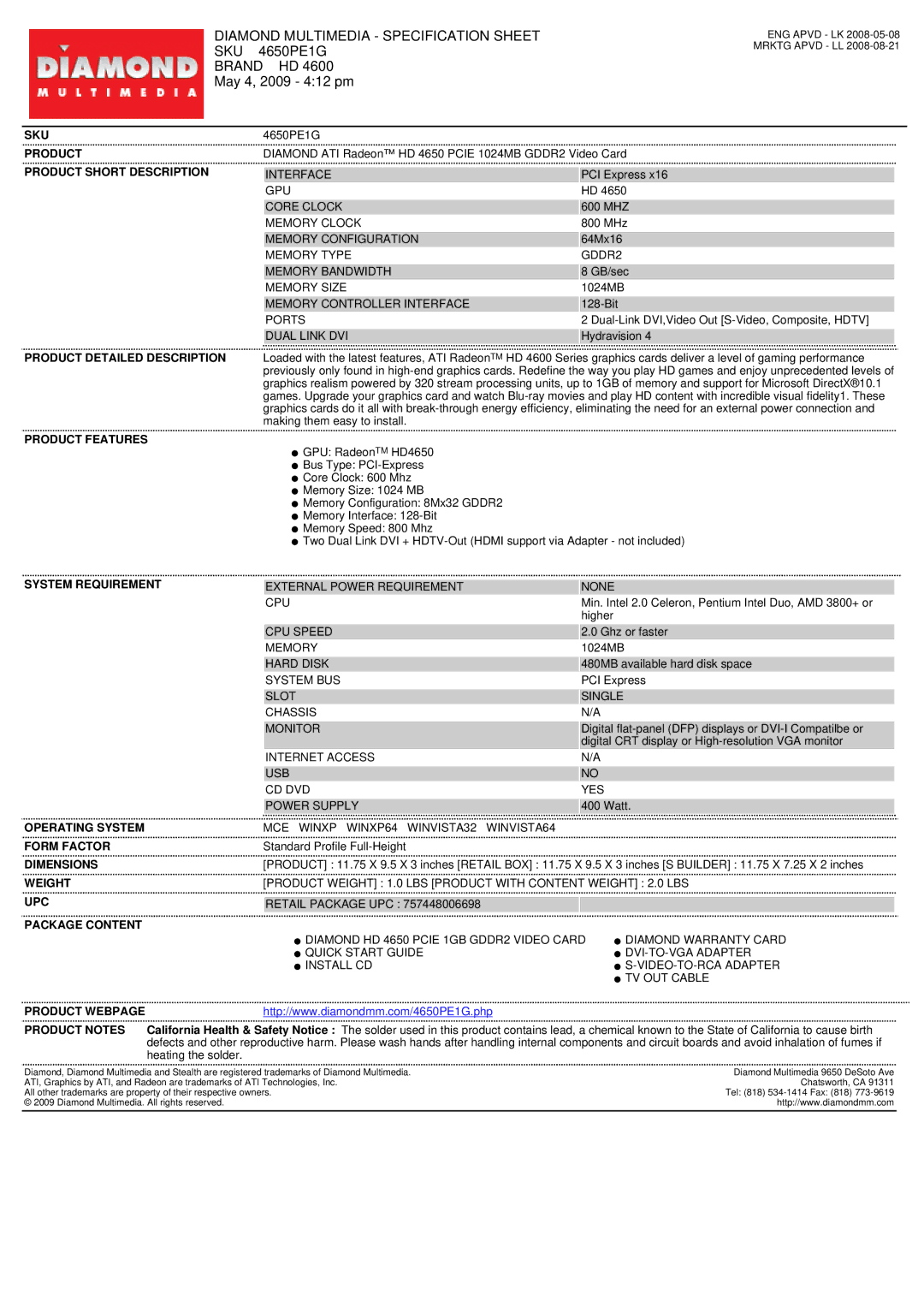 Diamond Multimedia HD 4650 PCIE specifications Diamond Multimedia Specification Sheet, Sku, 4650PE1G, Brand HD 