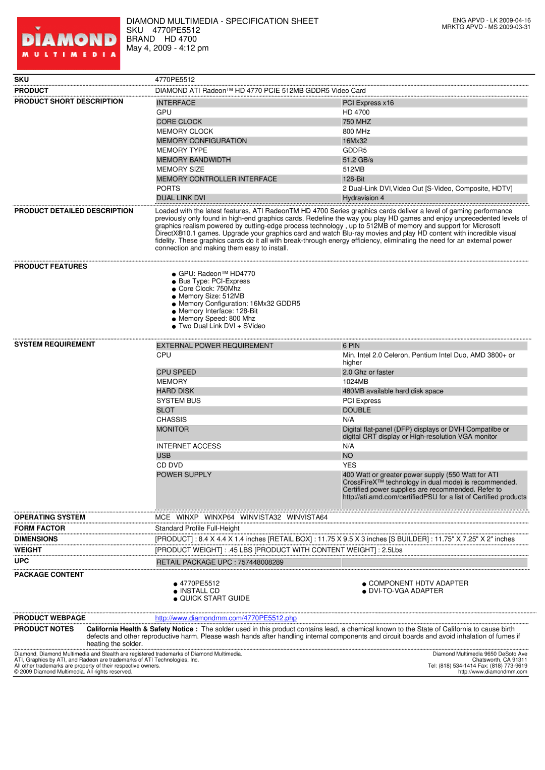 Diamond Multimedia HD 4770 PCIE specifications Sku, Product Short Description, Product Detailed Description 