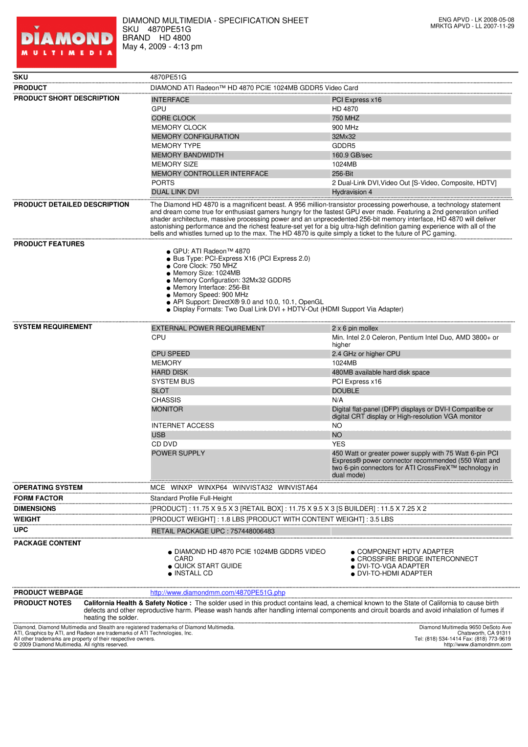 Diamond Multimedia SKU 4870PE51G specifications Sku, Product Short Description, Product Detailed Description 