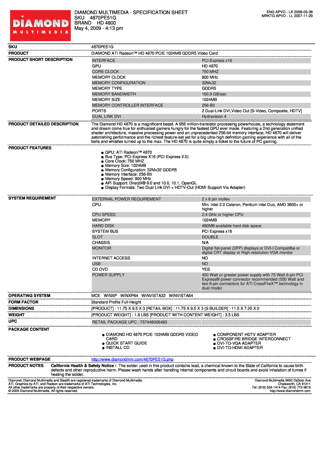 Diamond Multimedia SKU 4870PE51G specifications Diamond Multimedia - Specification Sheet, Brand Hd, May 4, 2009 - 413 pm 