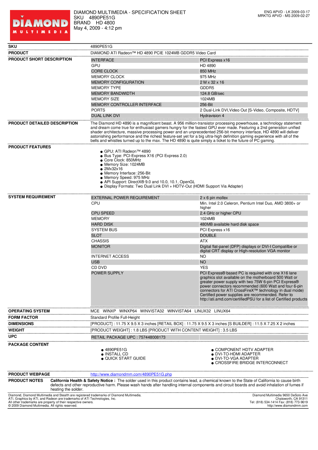 Diamond Multimedia HD 4890 PCIE specifications Sku, Product Short Description, Product Detailed Description, Weight 