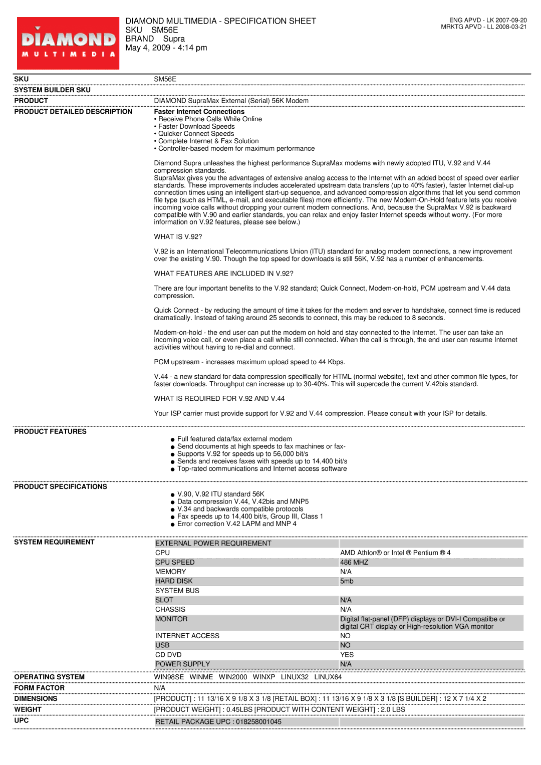 Diamond Multimedia specifications SKU SM56E System Builder SKU Product, Product Detailed Description 