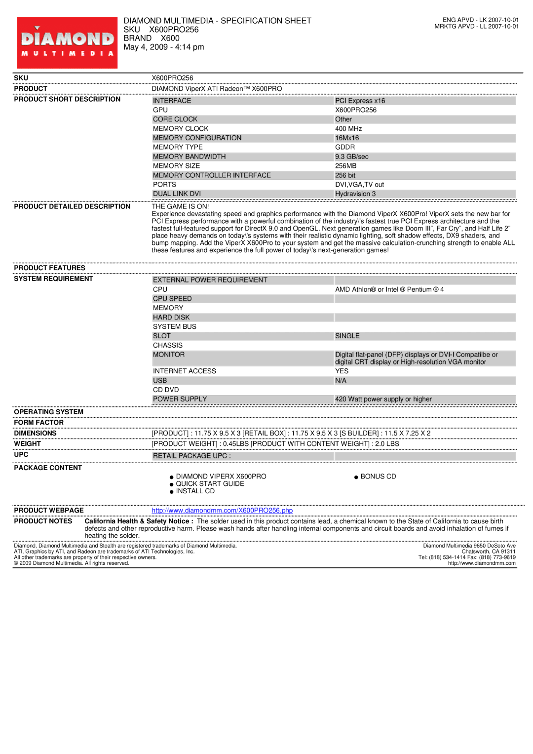 Diamond Multimedia specifications Diamond Multimedia Specification Sheet, Sku, X600PRO256, Brand, May 4, 2009 414 pm 