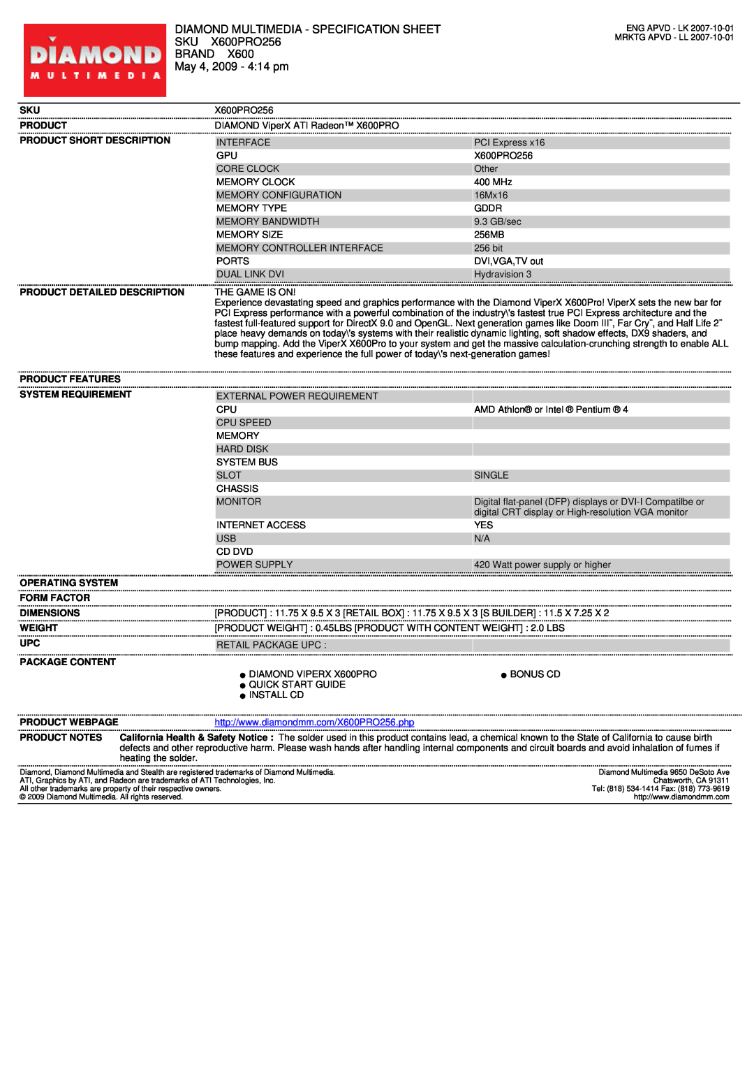 Diamond Multimedia specifications Diamond Multimedia - Specification Sheet, X600PRO256, Brand, May 4, 2009 - 414 pm 