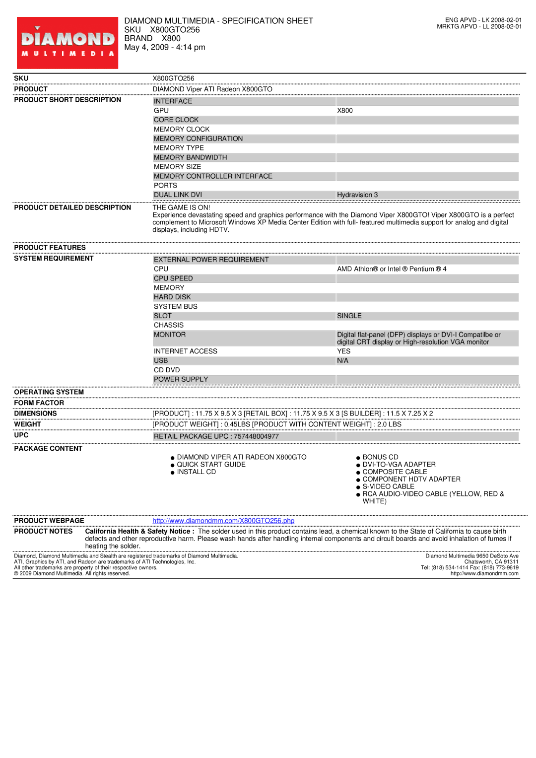 Diamond Multimedia SKU X800GTO256 specifications Diamond Multimedia Specification Sheet, Sku, Brand, May 4, 2009 414 pm 