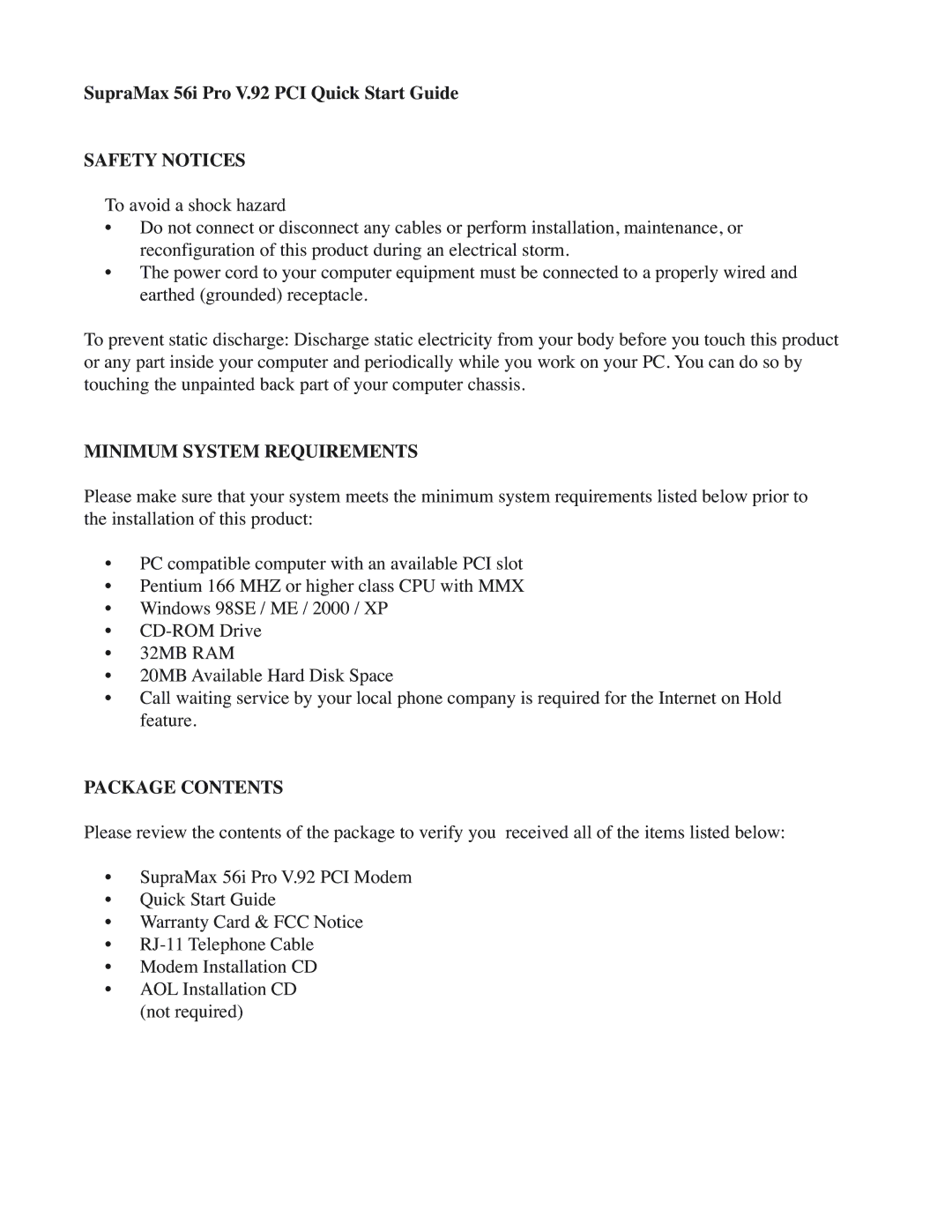 Diamond Multimedia SM56PCI quick start Safety Notices, Minimum System Requirements, Package Contents 