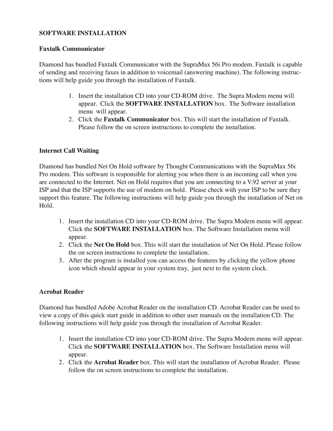Diamond Multimedia SM56PCI quick start Software Installation, Faxtalk Communicator, Internet Call Waiting, Acrobat Reader 