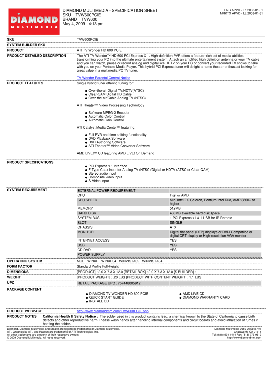 Diamond Multimedia specifications Diamond Multimedia Specification Sheet SKU TVW600PCIE 