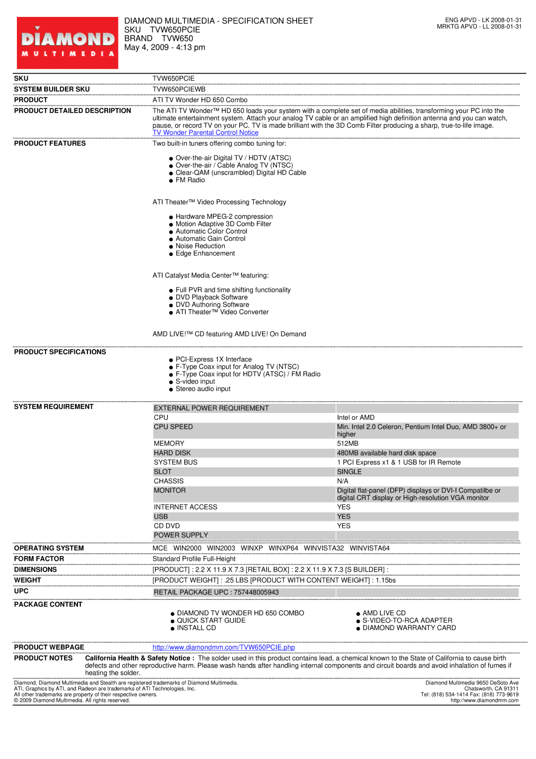 Diamond Multimedia specifications Diamond Multimedia Specification Sheet SKU TVW650PCIE 