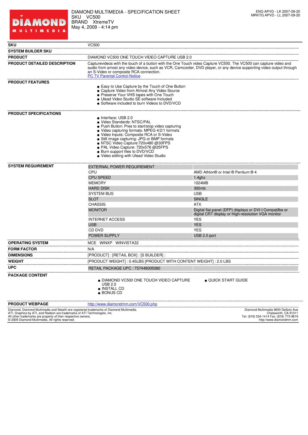 Diamond Multimedia specifications Diamond Multimedia Specification Sheet SKU VC500, Brand XtremeTV May 4, 2009 414 pm 