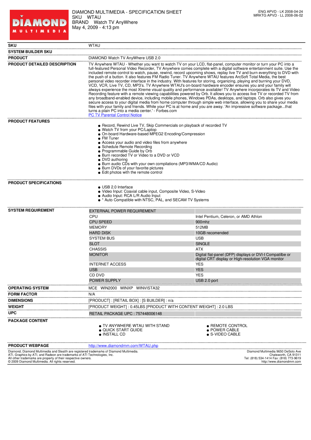 Diamond Multimedia WTAU specifications Diamond Multimedia Specification Sheet SKU Wtau 