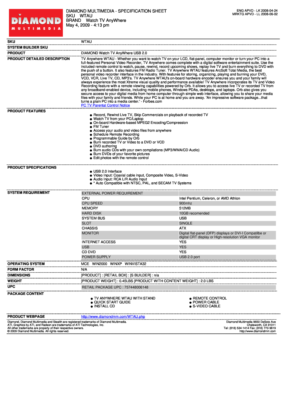 Diamond Multimedia WTAU specifications Diamond Multimedia - Specification Sheet Sku Wtau, System Builder Sku, Product 