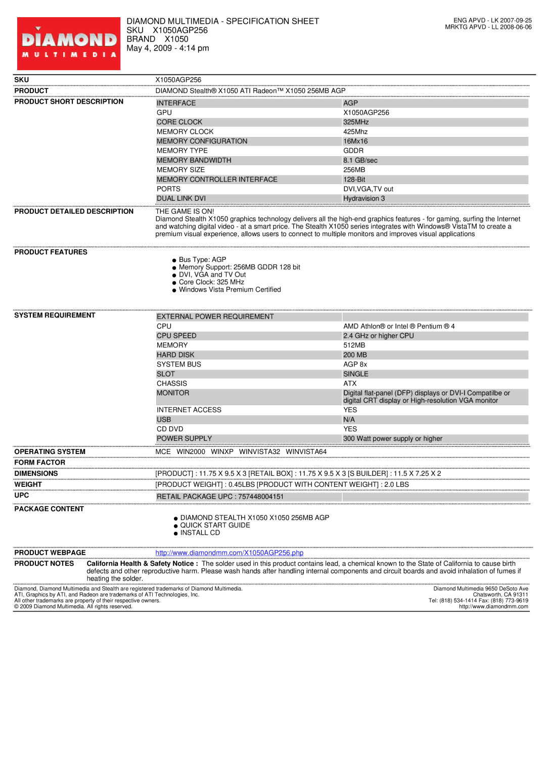 Diamond Multimedia specifications Diamond Multimedia Specification Sheet, Sku, X1050AGP256, Brand, May 4, 2009 414 pm 