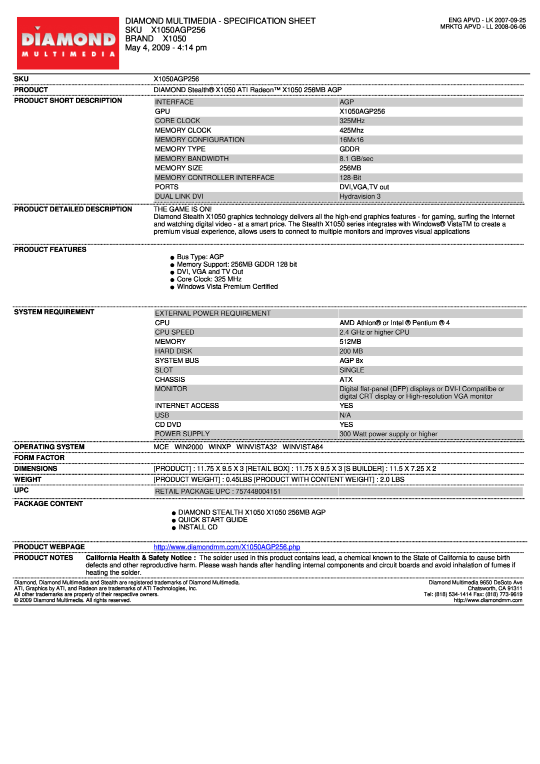 Diamond Multimedia specifications Diamond Multimedia - Specification Sheet, X1050AGP256, Brand, May 4, 2009 - 414 pm 