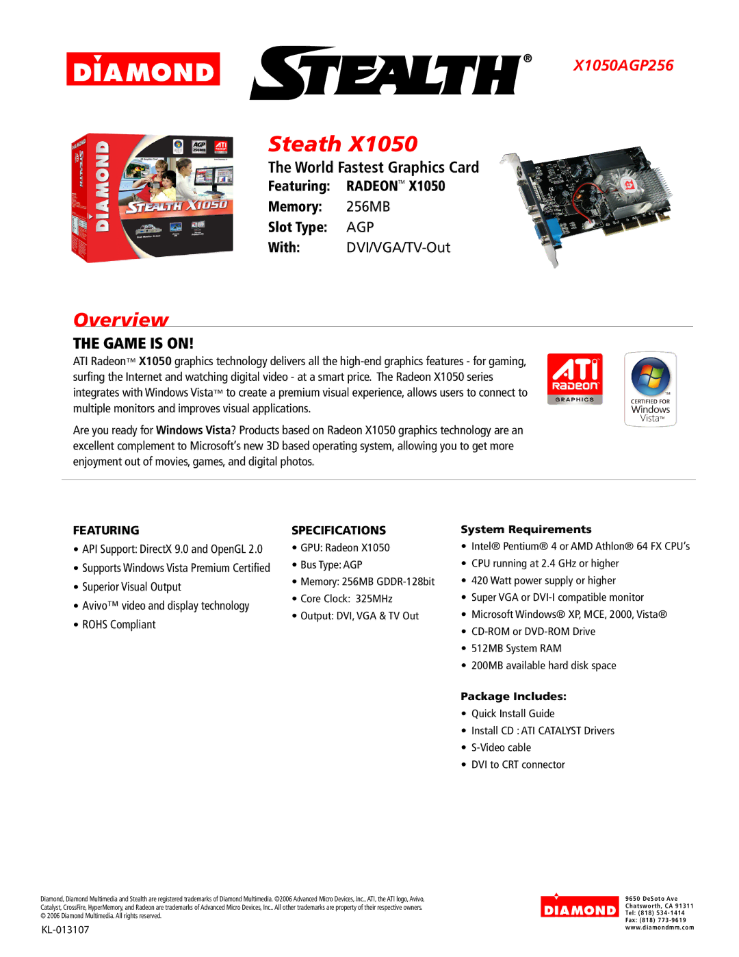 Diamond Multimedia X1050AGP256 specifications Steath, Overview, Game is on, Featuring Specifications 