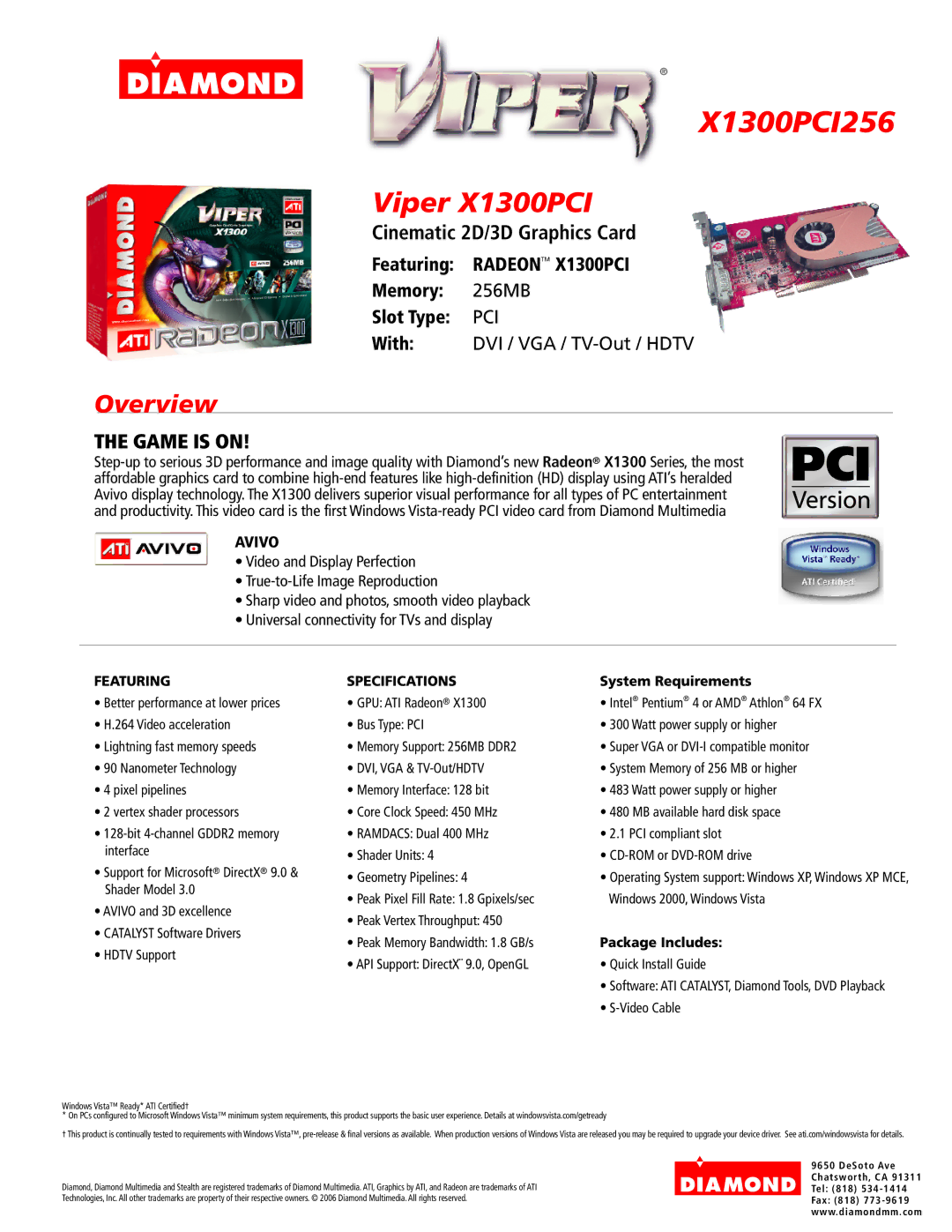 Diamond Multimedia X1300PCI256 specifications Featuring, Specifications, System Requirements, Package Includes 