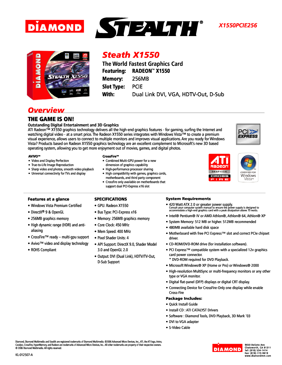 Diamond Multimedia system manual Steath, Overview, X1550PCIE256, The World Fastest Graphics Card, The Game Is On 