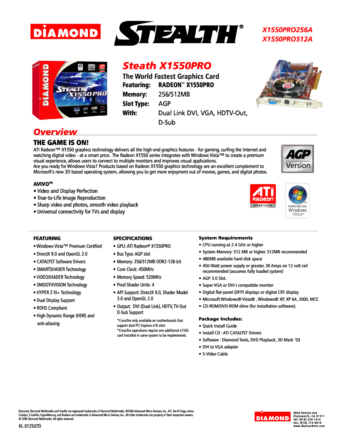 Diamond Multimedia specifications Steath X1550PRO, Overview, X1550PRO256A X1550PRO512A, The World Fastest Graphics Card 