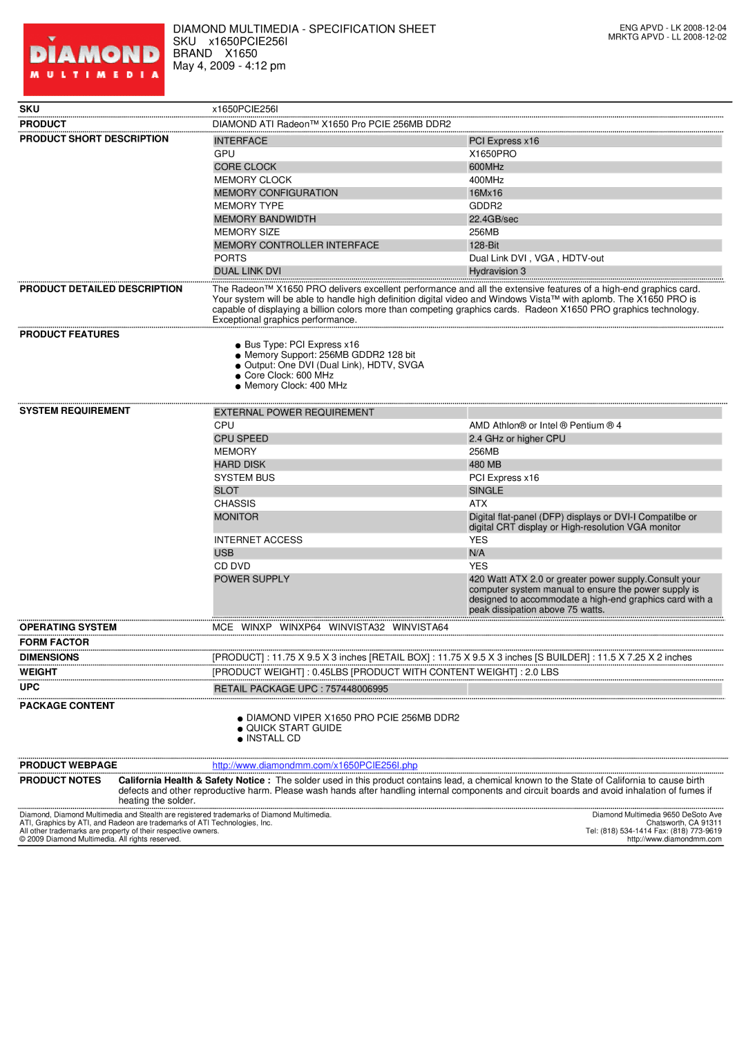 Diamond Multimedia x1650PCIE256I specifications Sku, Product Short Description, Product Detailed Description 