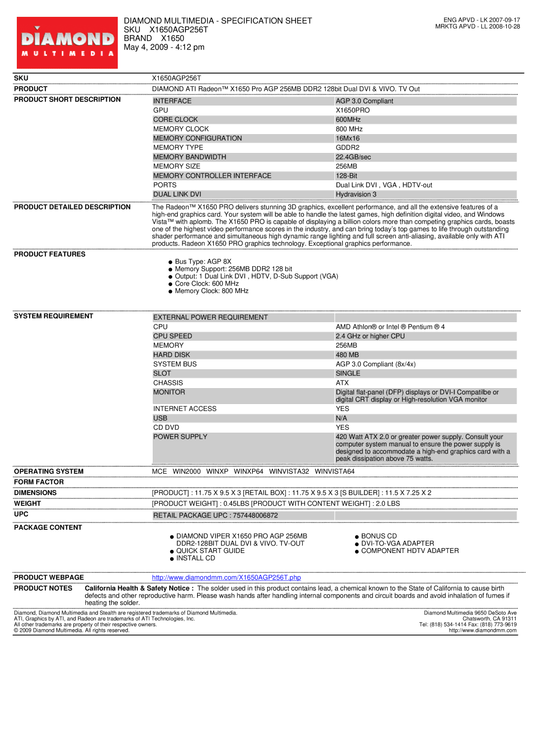 Diamond Multimedia X1650AGP256T specifications Diamond Multimedia Specification Sheet, Sku, Brand, May 4, 2009 412 pm 