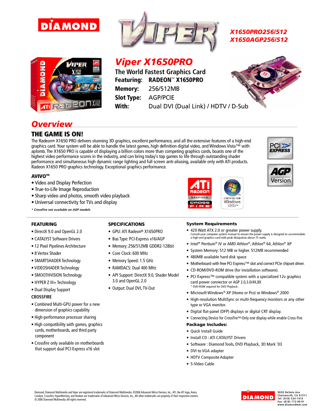 Diamond Multimedia X1650PRO512 system manual Featuring Specifications, Crossfire, System Requirements, Package Includes 