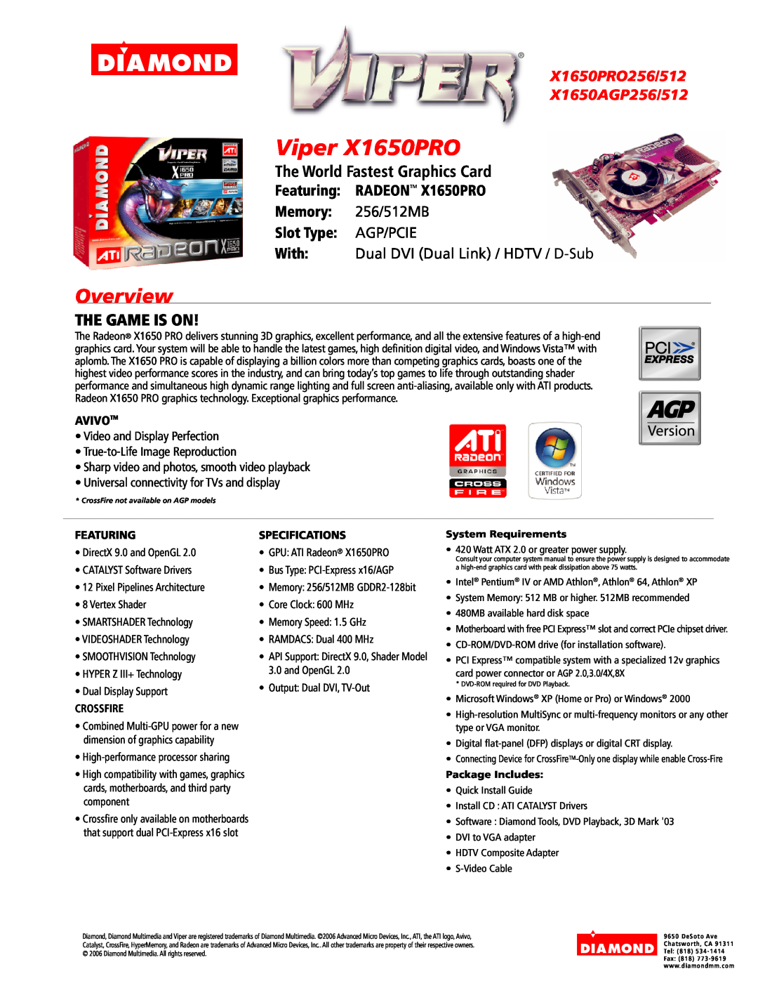 Diamond Multimedia X1650PRO512 system manual Viper X1650PRO, Overview, The World Fastest Graphics Card, The Game Is On 