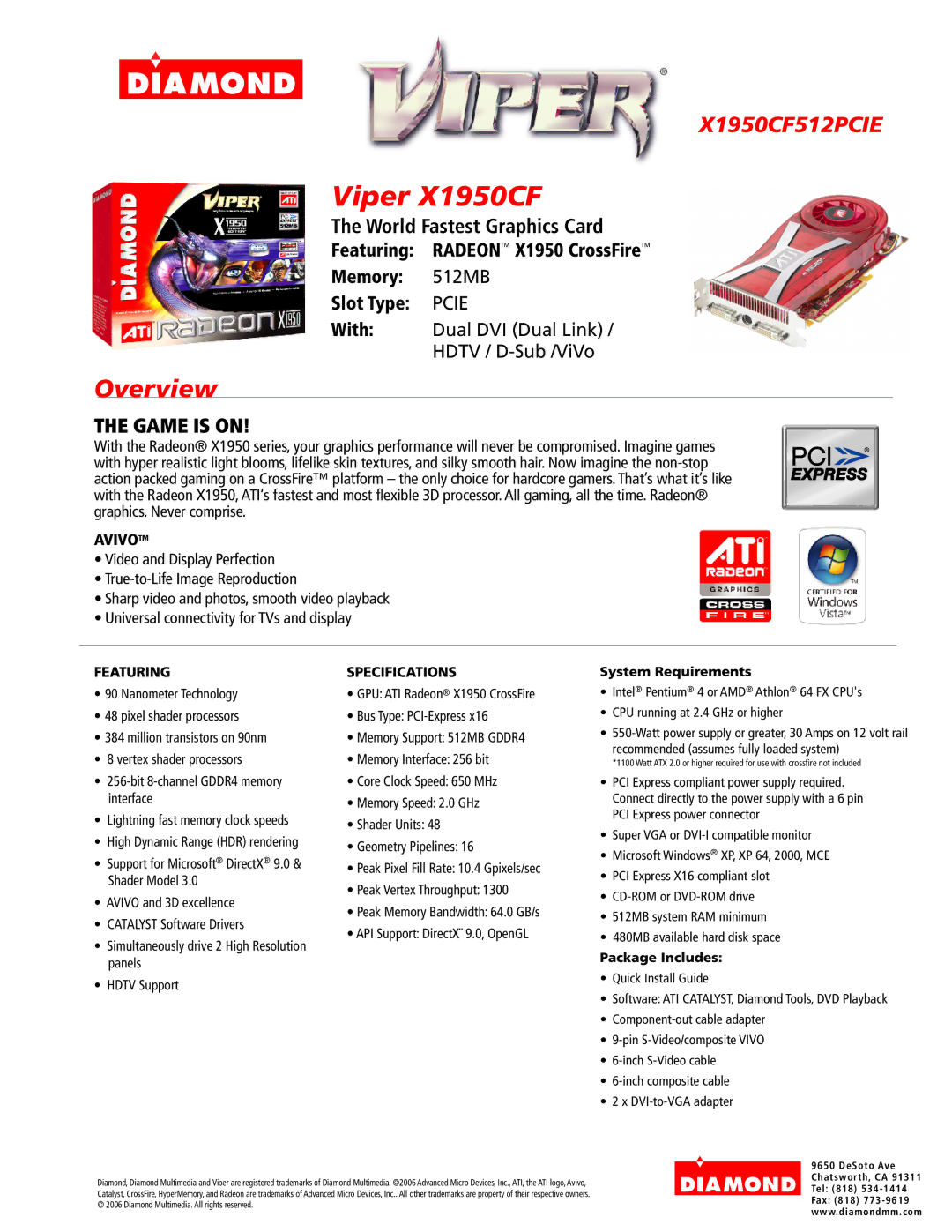 Diamond Multimedia X1950CF512PCIE specifications Viper X1950CF, Overview, World Fastest Graphics Card, Game is on, Avivotm 