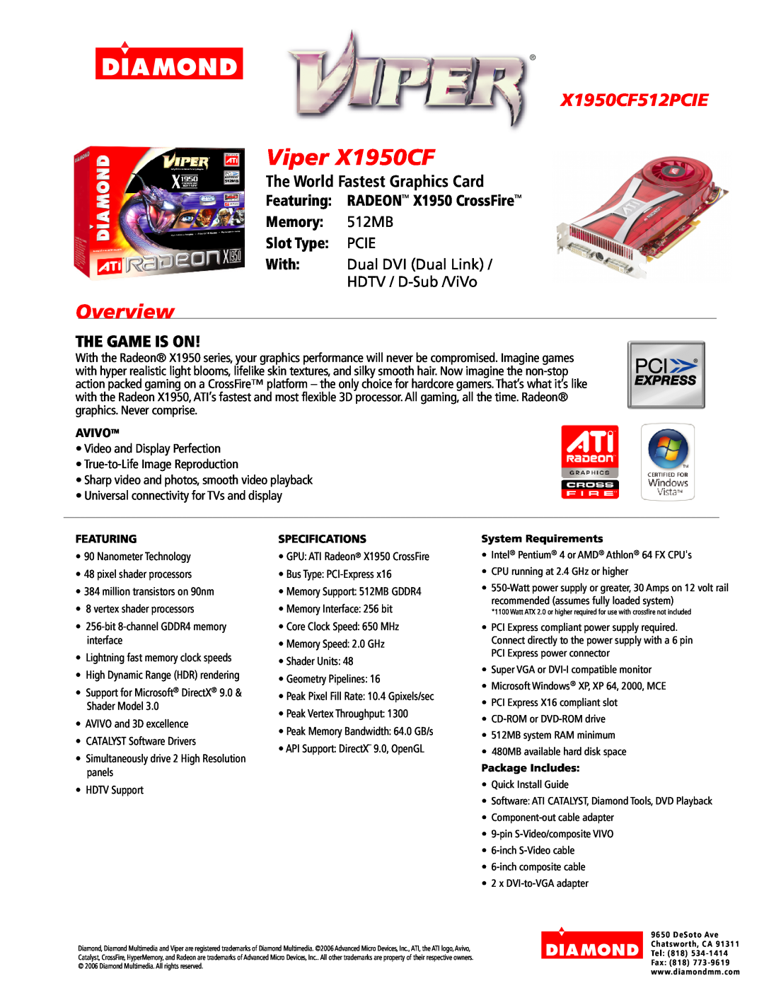 Diamond Multimedia X1950CF512PCIE specifications Viper X1950CF, Overview, The World Fastest Graphics Card, The Game Is On 