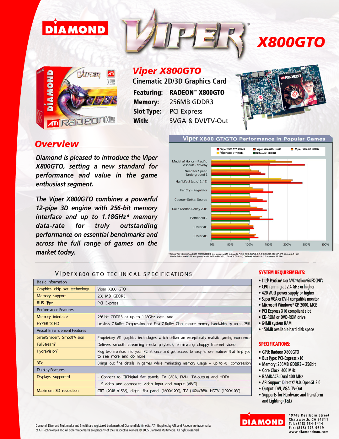 Diamond Multimedia manual Viper X800GTO, Overview, Iper X 8 0 0 G T O T E C H N IC a L S P E C Ific AT IO N S 