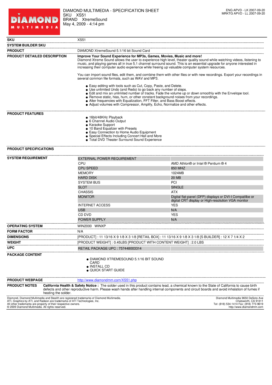 Diamond Multimedia specifications Diamond Multimedia Specification Sheet SKU XS51, Brand XtremeSound May 4, 2009 414 pm 