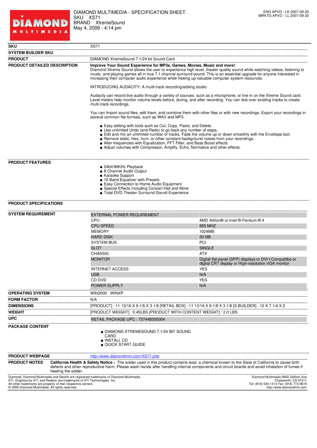 Diamond Multimedia specifications Diamond Multimedia Specification Sheet SKU XS71, Brand XtremeSound May 4, 2009 414 pm 