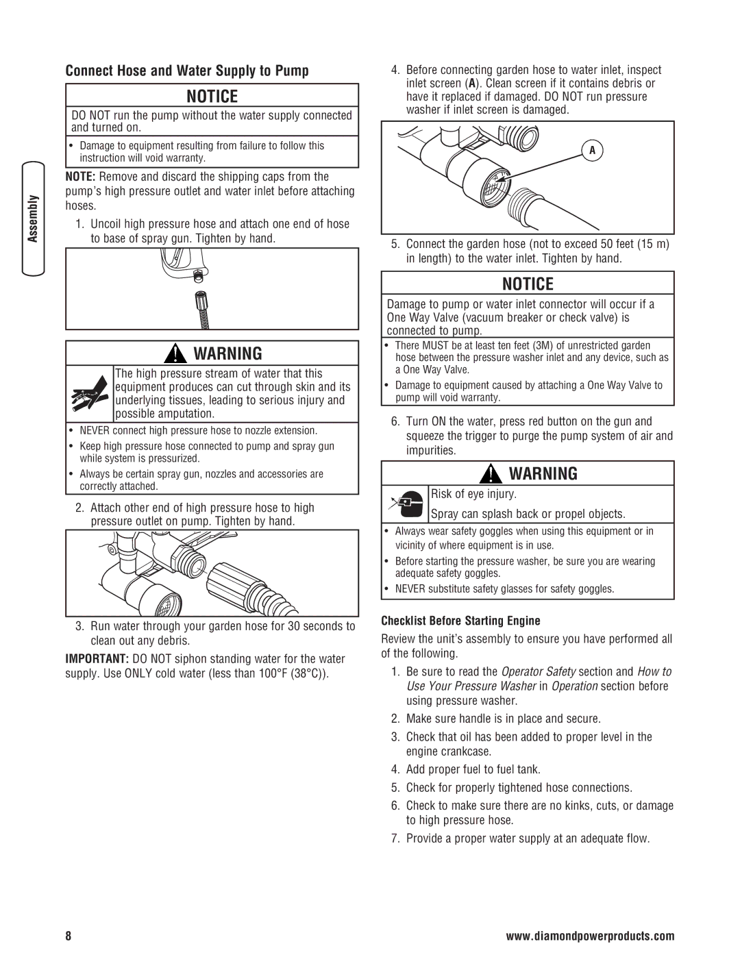 Diamond Power Products 3100 Psi manual Connect Hose and Water Supply to Pump, Checklist Before Starting Engine 