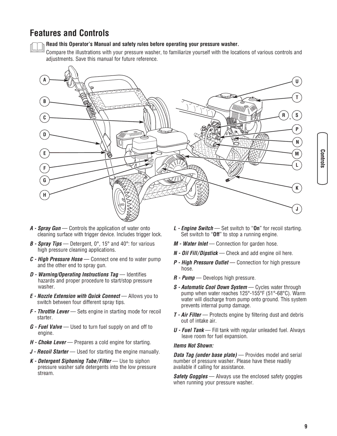 Diamond Power Products 3100 Psi manual Features and Controls, Pump Develops high pressure 