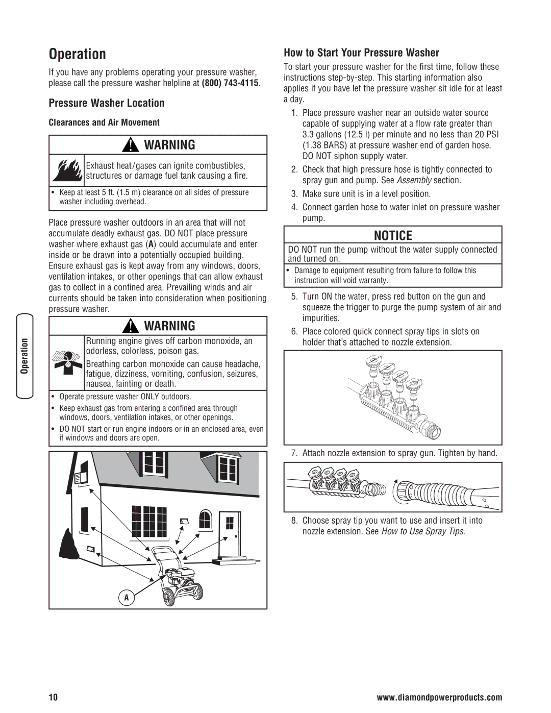 Diamond Power Products 3100 Psi manual Operation, Pressure Washer Location, How to Start Your Pressure Washer 