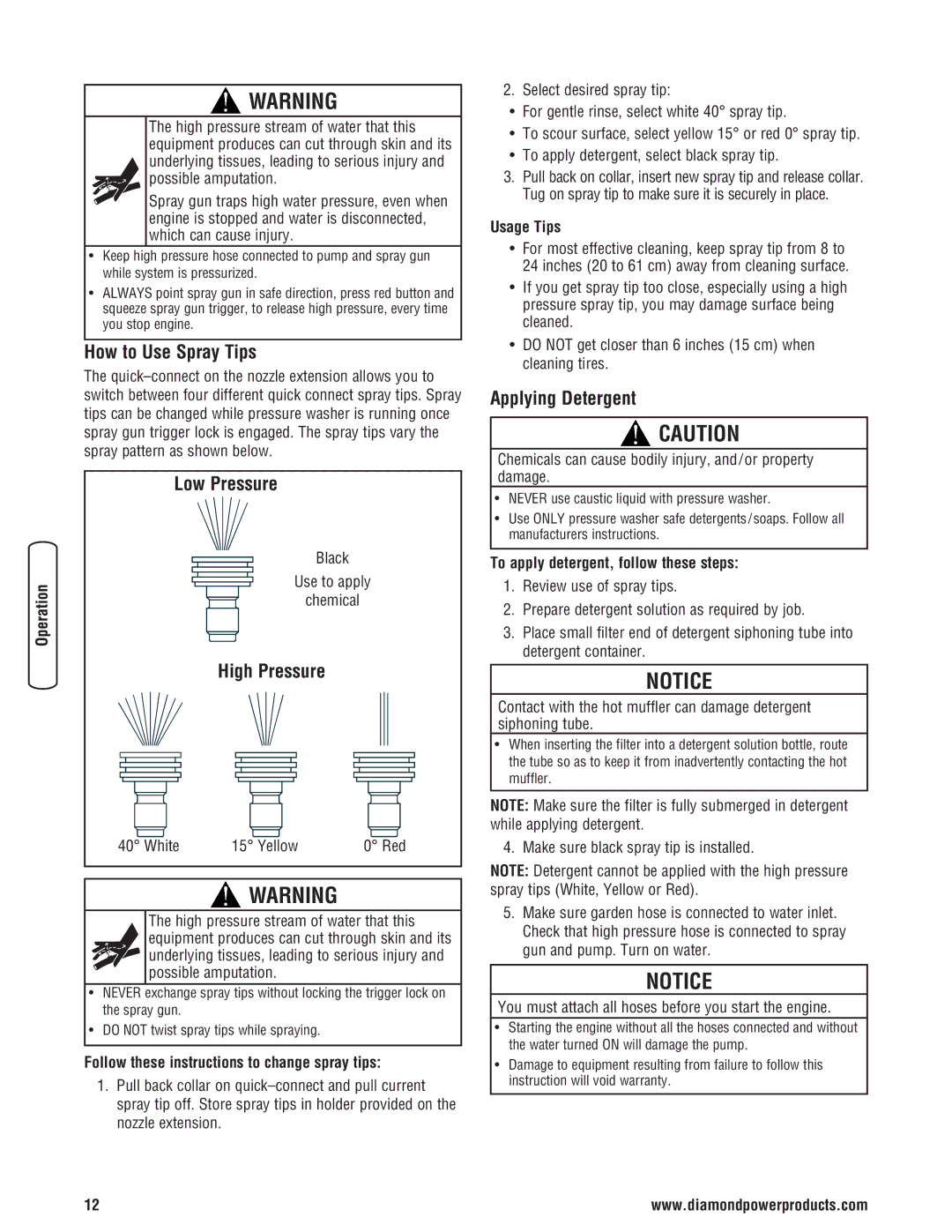 Diamond Power Products 3100 Psi manual How to Use Spray Tips, Low Pressure, High Pressure, Applying Detergent 